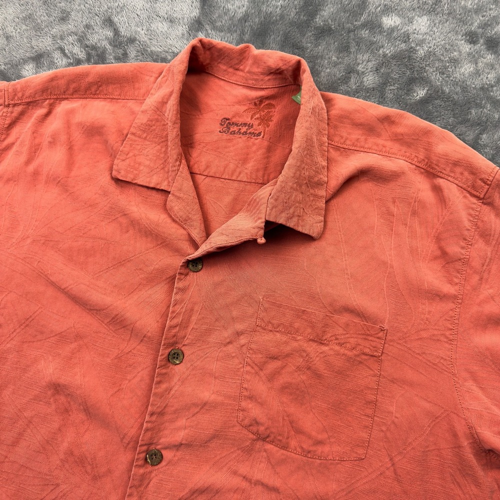 Tommy Bahama Shirt Mens Large Orange 100% Silk Floral Leaf Pattern Button Up